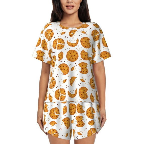Pofeuu Yellow Biscuit Print Women's Pajama Set Short/Shorts Soft Button PJs Elastic Drawstring Waist Sleepwear-X-Large