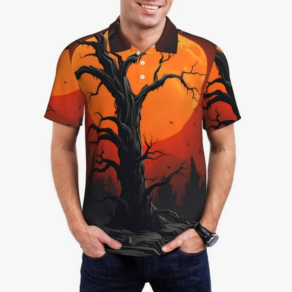 Pofeuu Yellow Castle Sunset Tree Print Men's Loose Fit Midweight Short-Sleeve Pocket Polo-Medium
