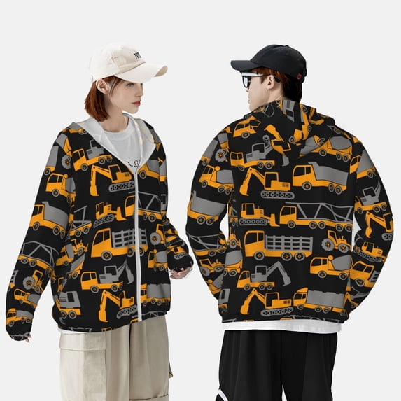Pofeuu Yellow Excavator Print Sun Protection Outdoor Lightweight Full Zip UV Cooling Hoodie Long Sleeve Summer Clothing for Outdoor Hiking-XX-Large