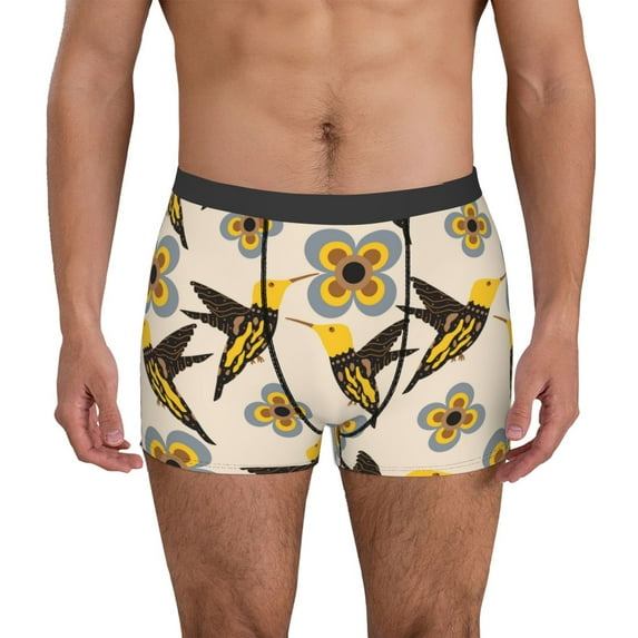 Pofeuu Yellow Flowers Hummingbird Print Men’s Boxer Briefs, Moisture-Wicking Underwear, Regular,Trunk-Small