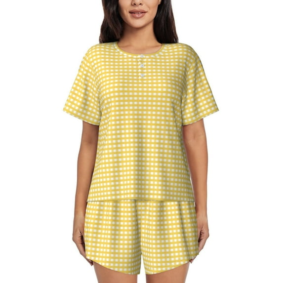 Pofeuu Yellow Gingham Print Women's Pajama Set Short/Shorts Soft Button PJs Elastic Drawstring Waist Sleepwear-Large