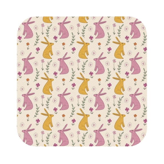 Pofeuu Yellow Pueple Rabbit Print Leather Coasters Set of 6, Round Cups Mugs Mat Pad for Home Kitchen Heat Resistant Drink Coasters,Square