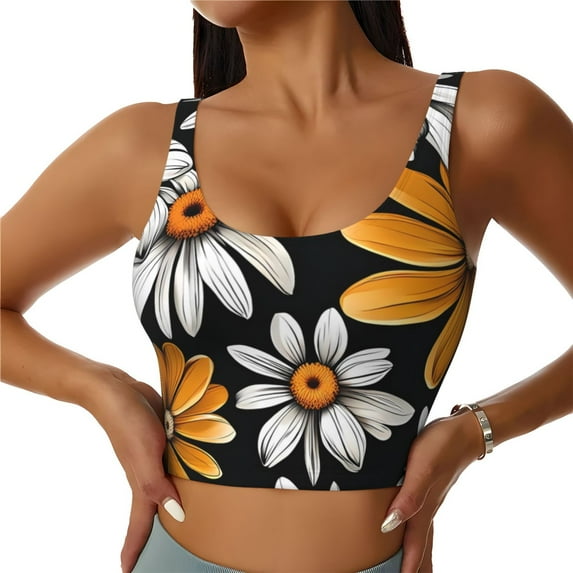 Pofeuu Yellow White Daisy Pattern Print Sports Bra for Women Sexy Vest Yoga Running Gym Fitness Crop Bras Tops-X-Large