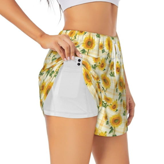 Pofeuu Yellow White Plaid Sunflower Print Women's Athletic Shorts Running Workout Shorts Tummy Control Quick Dry Gym Shorts with Pockets Double layer sports shorts-Small
