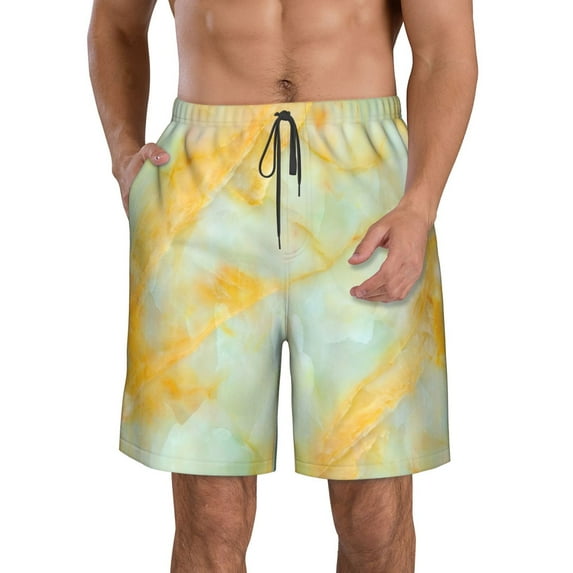 Pofeuu Yellow With Teal Marble Prin Men's Swim Trunks Quick Dry Bathing Suit Swimming Board Shorts Mesh Lining Beach Swimwear-XX-Large