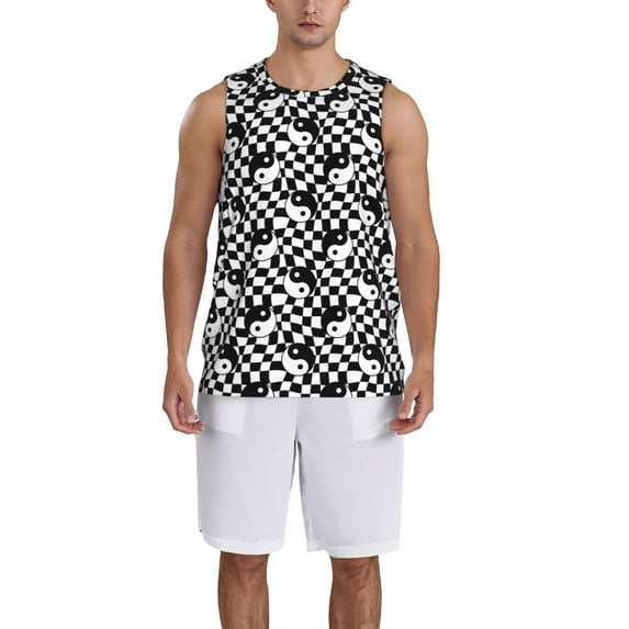 Pofeuu Ying Yang Checkered Print Basketball Jersey, Shirts for Men Youth Basketball Jersey Crew Neck-XX-Large