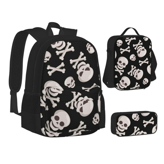 Pofeuu black white Skull bone Print Backpack Travel Backpacks With Lunch Bag Pencil Bag Set 3 pcs Set Cartoon Backpack