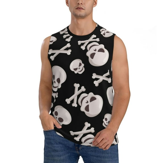 Pofeuu black white Skull bone Print Men's Muscle T-Shirt, Sleeveless, Muscle Tank, Classic Muscle Tee Top For Men Casual Sleeveless Muscle T-Shirt Trendy Clothes-Large