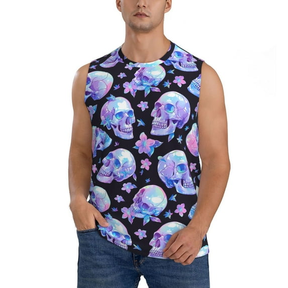 Pofeuu blue Skull flower Print Men's Muscle T-Shirt, Sleeveless, Muscle Tank, Classic Muscle Tee Top For Men Casual Sleeveless Muscle T-Shirt Trendy Clothes-3X-Large