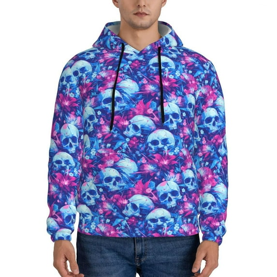 Pofeuu blue Skull purple flower Print Mens Casual Hooded Collar Drawstring Hoodies Pullover Sweatshirts Casual Long Sleeve Shirts-3X-Large