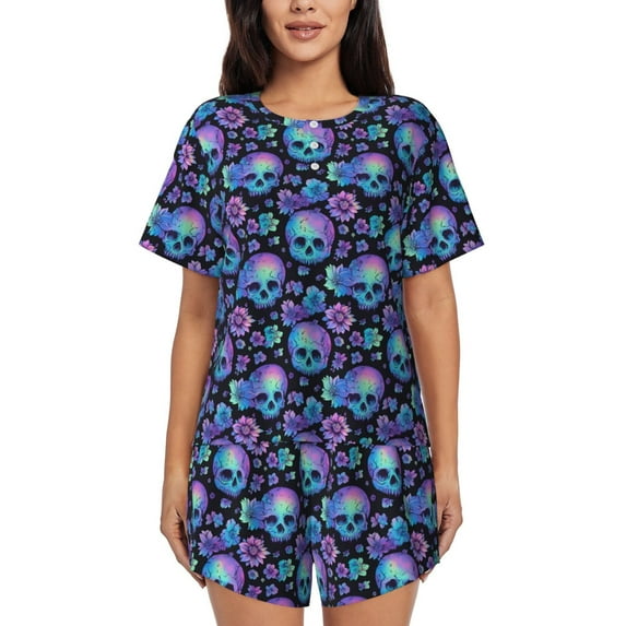 Pofeuu blue daisy Skull flower Print Women's Pajama Set Short/Shorts Soft Button PJs Elastic Drawstring Waist Sleepwear-X-Large