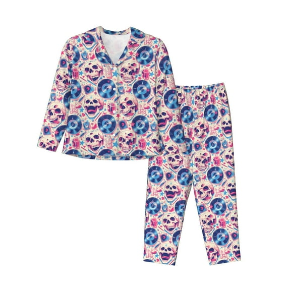 Pofeuu blue record rock Skull Print Womens Pajamas Set Long Sleeve Sleepwear Button Down Nightwear Soft Pj Lounge Sets Button Down Pajamas Women-Medium