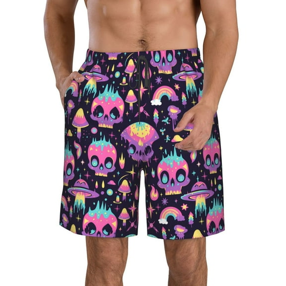 Pofeuu cartoon Skull rainbow space Prin Men's Swim Trunks Quick Dry Bathing Suit Swimming Board Shorts Mesh Lining Beach Swimwear-Medium