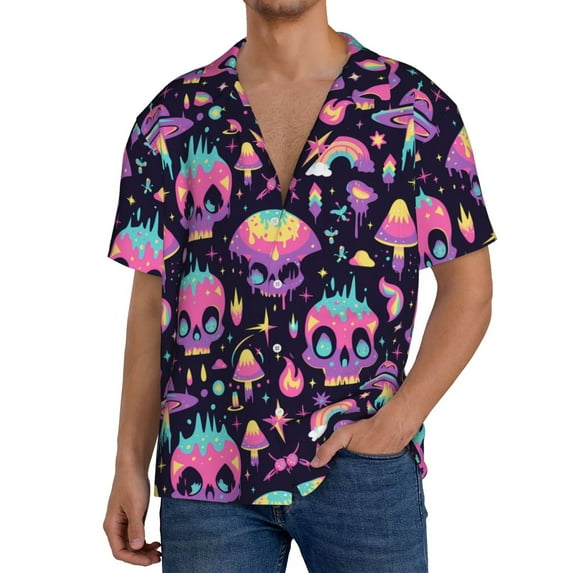 Pofeuu cartoon Skull rainbow space Print Mens Casual Short Sleeve Shirts Beach Summer Spread Collar Pocket Tops Men's Casual Short-sleeved Shirt-Large