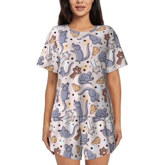 Pofeuu cartoon mouse Print Women's Pajama Set Short/Shorts Soft Button PJs Elastic Drawstring Waist Sleepwear-Small