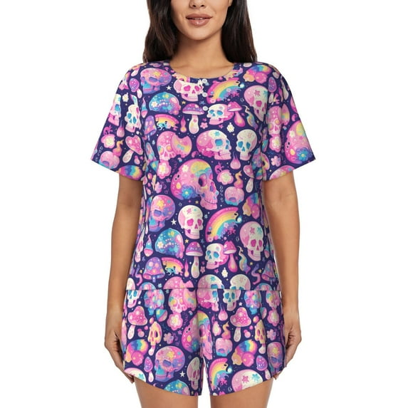 Pofeuu cartoon rainbow Skull Print Women's Pajama Set Short/Shorts Soft Button PJs Elastic Drawstring Waist Sleepwear-Large