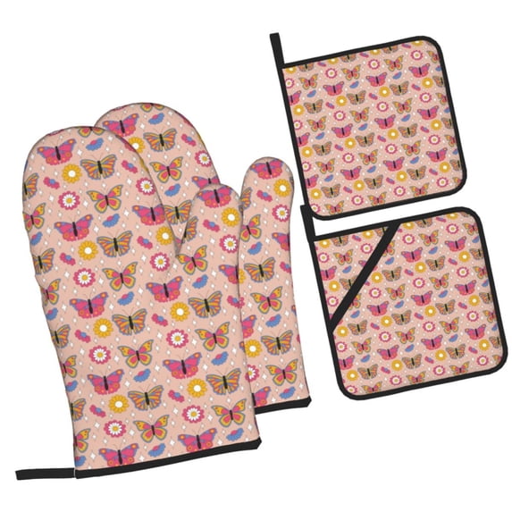 Pofeuu colorful Butterfly Daisy Print Oven Mitts and Pot Holders 4 pcs Set,High Heat Resistant 500 Degree Extra Thicken Long Kitchen Cotton Oven Glove for Cooking