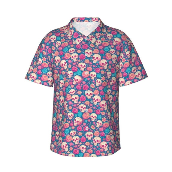 Pofeuu colorful Skull flower Print Hawaiian Shirt for Men Sleeves Casual Button Down Summer Beach Dress Shirts T-Shirts,Large