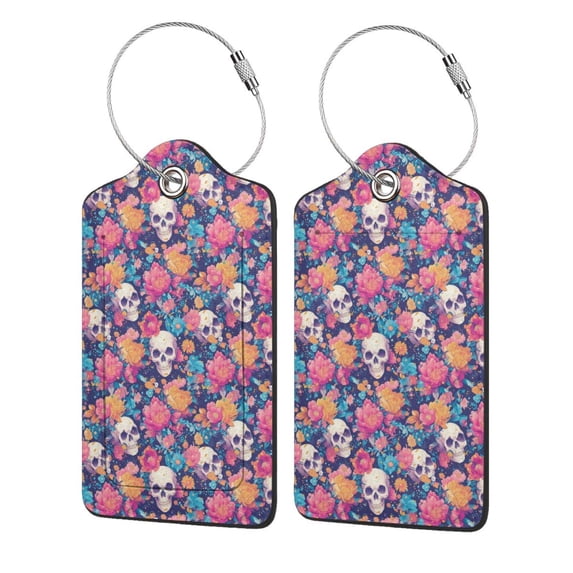 Pofeuu colorful Skull flower daisy Print Luggage Tags, Privacy Cover ID Label with Stainless Steel Loop and Address Card for Travel Bag Suitcase-4 PCS