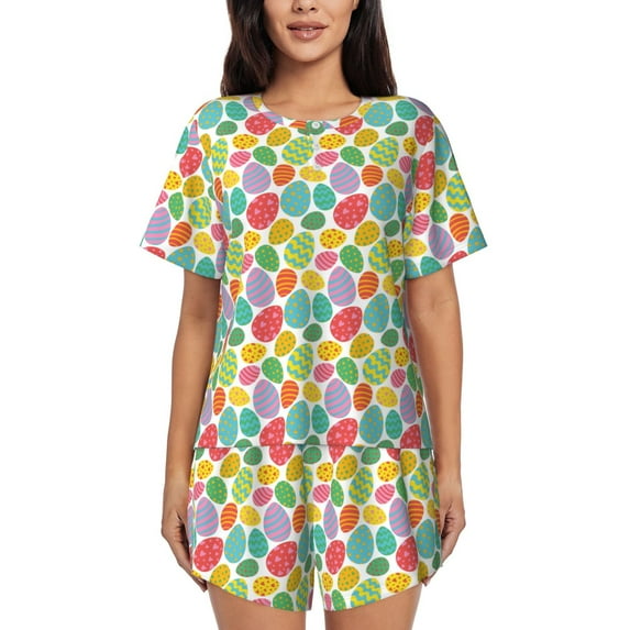Pofeuu colorful easter eggs Print Women's Pajama Set Short/Shorts Soft Button PJs Elastic Drawstring Waist Sleepwear-XX-Large