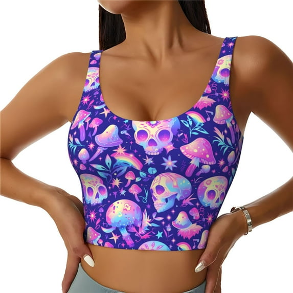 Pofeuu colorful mushroom Skull rainbow Print Sports Bra for Women Sexy Vest Yoga Running Gym Fitness Crop Bras Tops-X-Large