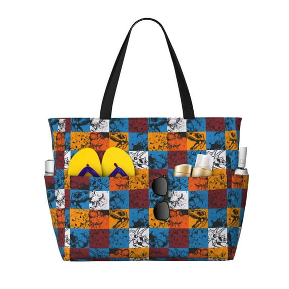 Pofeuu colorful plaid Dinosaur Print Beach Bag,Waterproof Sandproof Beach Tote Bag, Large Capacity Foldable Beach Bags for Women