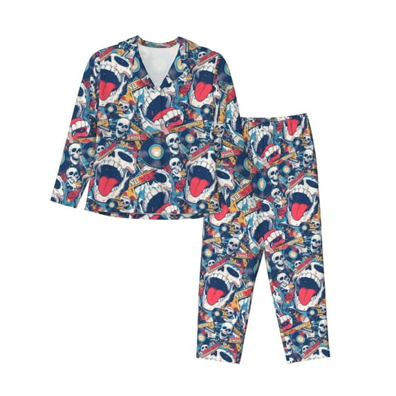 Pofeuu cool rock Skull Print Womens Pajamas Set Long Sleeve Sleepwear Button Down Nightwear Soft Pj Lounge Sets Button Down Pajamas Women-Small
