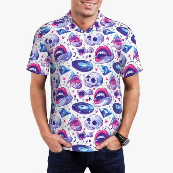 Pofeuu crystal Skull record lips Print Men's Loose Fit Midweight Short-Sleeve Pocket Polo-3X-Large