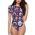 thumbnail image 1 of Pofeuu cute Skull rainbow mushroom Print Short Sleeve Body Suits Women Round Neck Bodysuits for Women Onesie Adult Set Body Suit-XX-Large, 1 of 7
