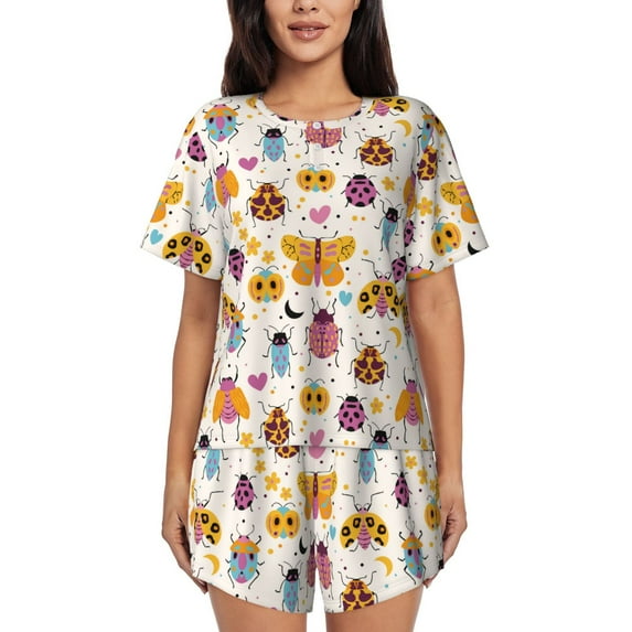 Pofeuu cute bugs Print Women's Pajama Set Short/Shorts Soft Button PJs Elastic Drawstring Waist Sleepwear-4X-Large