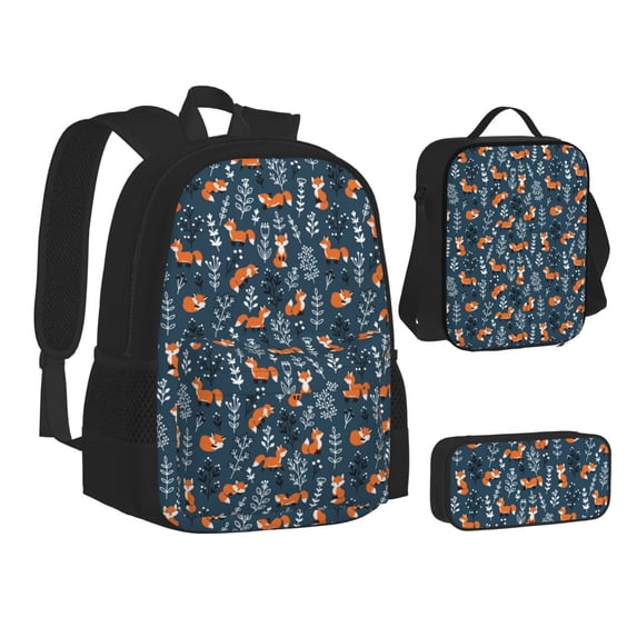 Pofeuu Playful Foxes Forest Blues Print Backpack Travel Backpacks With Lunch Bag Pencil Bag Set 3 pcs Set Cartoon Backpack