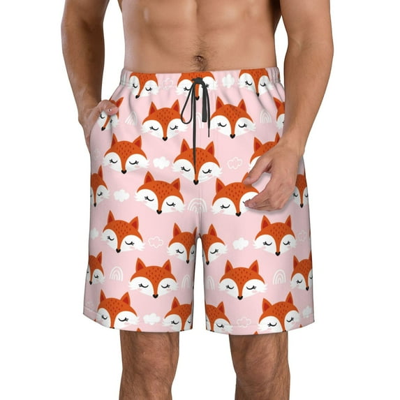 Pofeuu cute fox pink Prin Men's Swim Trunks Quick Dry Bathing Suit Swimming Board Shorts Mesh Lining Beach Swimwear-Large