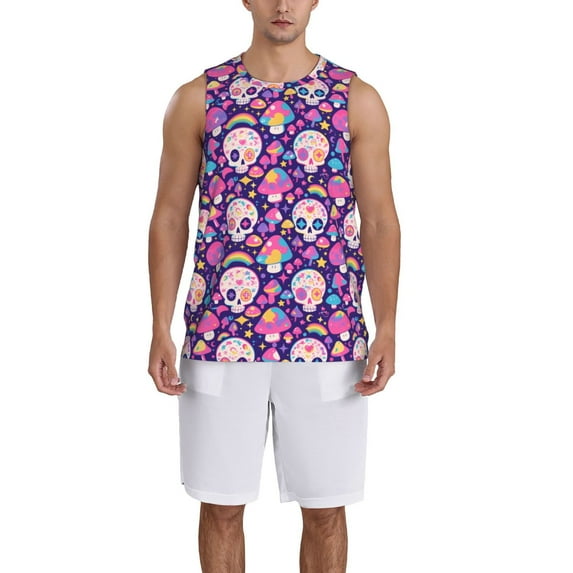 Pofeuu cute rainbow mushroom Skull Print Basketball Jersey, Shirts for Men Youth Basketball Jersey Crew Neck-Small