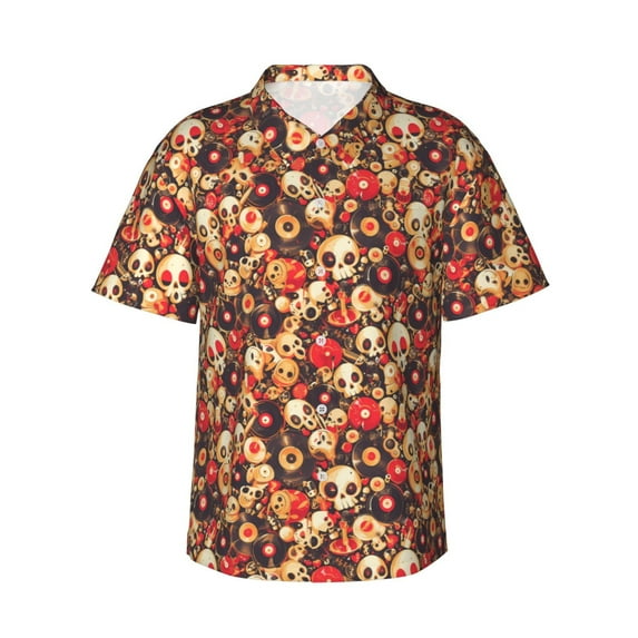 Pofeuu cute record music Skull Print Hawaiian Shirt for Men Sleeves Casual Button Down Summer Beach Dress Shirts T-Shirts,Small