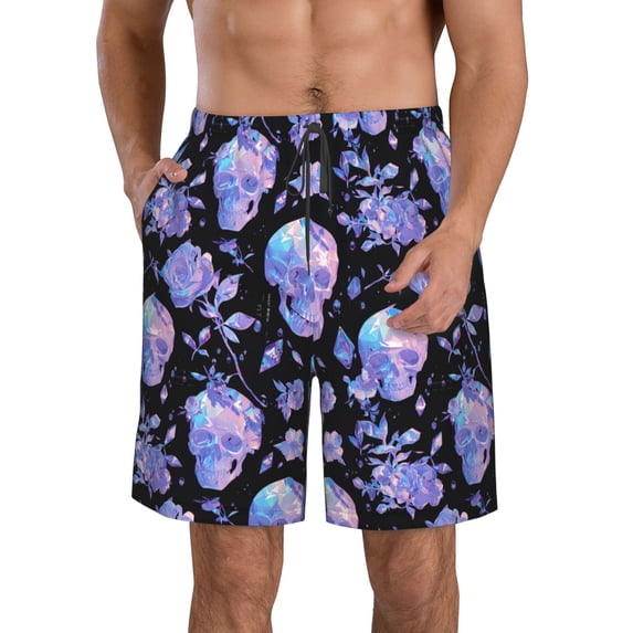 Pofeuu flower Skull crystal Prin Men's Swim Trunks Quick Dry Bathing Suit Swimming Board Shorts Mesh Lining Beach Swimwear-Small