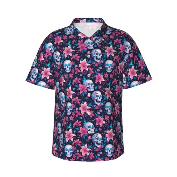 Pofeuu funny Skull daisy flower Print Hawaiian Shirt for Men Sleeves Casual Button Down Summer Beach Dress Shirts T-Shirts,Large