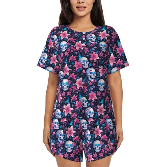 Pofeuu funny Skull daisy flower Print Women's Pajama Set Short/Shorts Soft Button PJs Elastic Drawstring Waist Sleepwear-Small