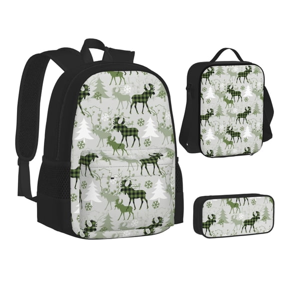 Pofeuu green plaid Moose tree Print Backpack Travel Backpacks With Lunch Bag Pencil Bag Set 3 pcs Set Cartoon Backpack