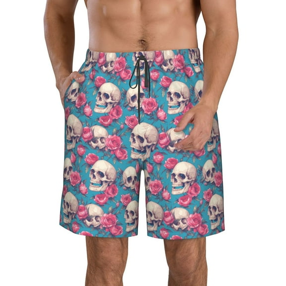 Pofeuu happy Skull rose Prin Men's Swim Trunks Quick Dry Bathing Suit Swimming Board Shorts Mesh Lining Beach Swimwear-Medium