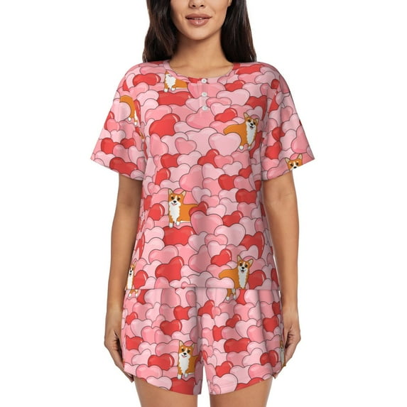 Pofeuu hearts and cute corgi Print Women's Pajama Set Short/Shorts Soft Button PJs Elastic Drawstring Waist Sleepwear-Medium