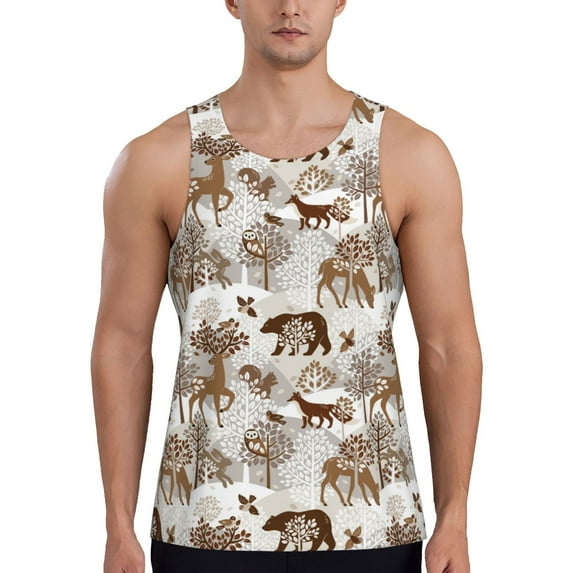 Pofeuu leaf Moose fox owls tree Print Men's Workout Tank Tops Sleeveless Muscle Gym Shirt Quick Dry-4X-Large