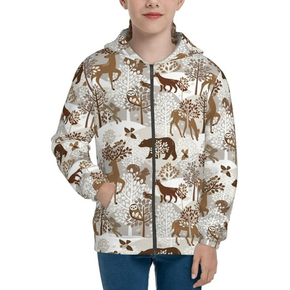Pofeuu leaf Moose fox owls tree Print Teenage Zipper Hoodie Sweatshirts Hooded Casual Jackets With Pocket For Boys Girls-Medium