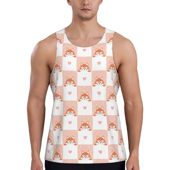 Pofeuu love plaid fox Print Men's Workout Tank Tops Sleeveless Muscle Gym Shirt Quick Dry-Large