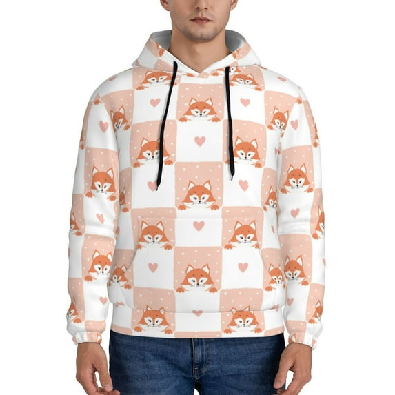 Pofeuu love plaid fox Print Mens Casual Hooded Collar Drawstring Hoodies Pullover Sweatshirts Casual Long Sleeve Shirts-4X-Large