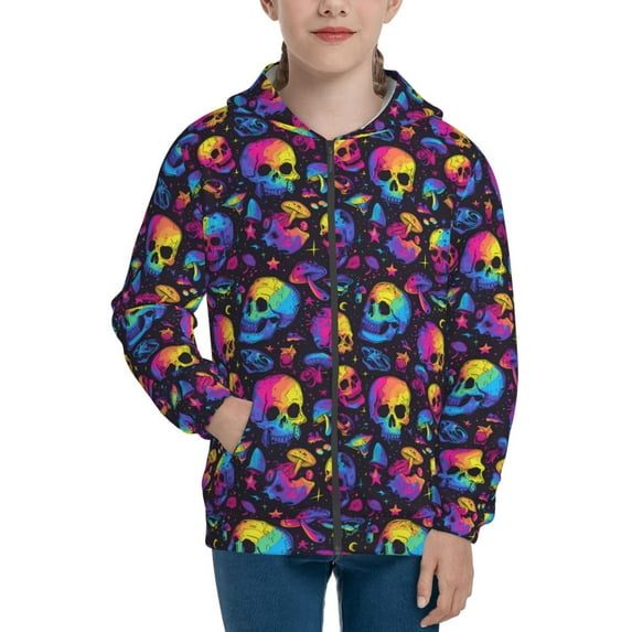 Pofeuu mushroom rainbow color Skull Print Teenage Zipper Hoodie Sweatshirts Hooded Casual Jackets With Pocket For Boys Girls-Small