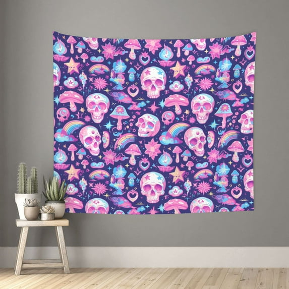Pofeuu mushroom rainbow color Skull Print Wall Tapestry Decoration Wall Hanging Tapestry 60 x 51 Inch