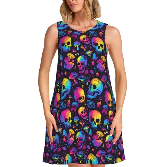 Pofeuu mushroom rainbow color Skull Print Women's Sleeveless Dress, Loose Fit Summer Dress, Casual Tank Dress for Women