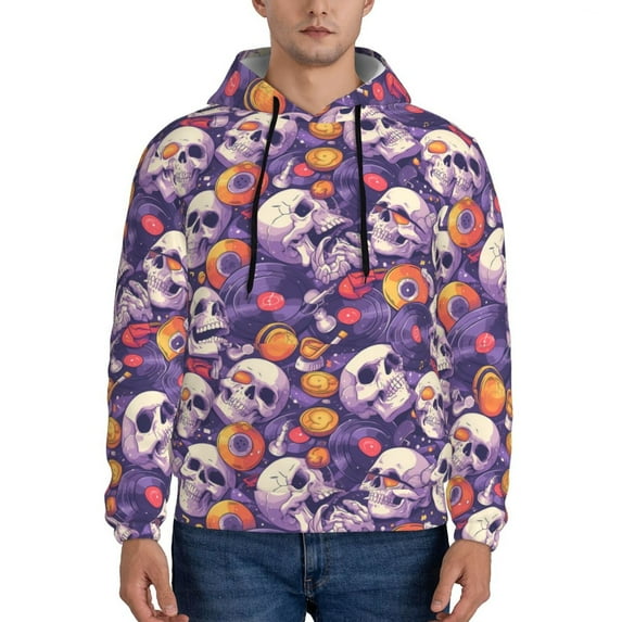 Pofeuu music Skull record Print Mens Casual Hooded Collar Drawstring Hoodies Pullover Sweatshirts Casual Long Sleeve Shirts-X-Large