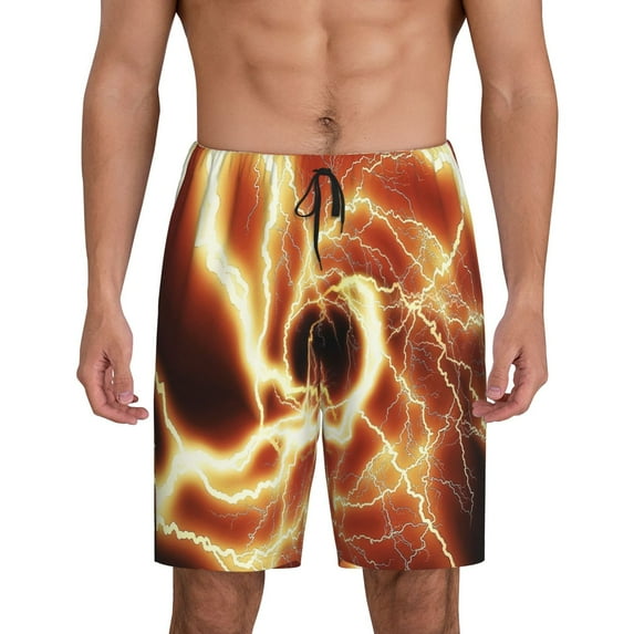 Pofeuu orange lightning Print Men's Soft Woven Elastic Waistband Sleep Pajama Short-Medium