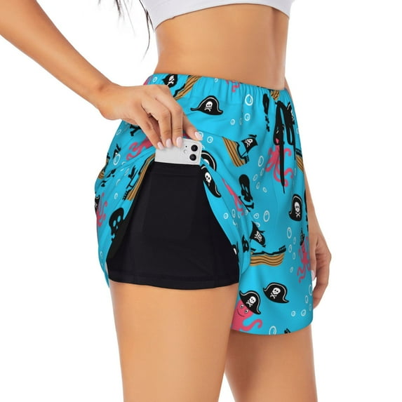 Pofeuu pirate Octopus Print Women's Athletic Shorts Running Workout Shorts Tummy Control Quick Dry Gym Shorts with Pockets Double layer sports shorts-Large